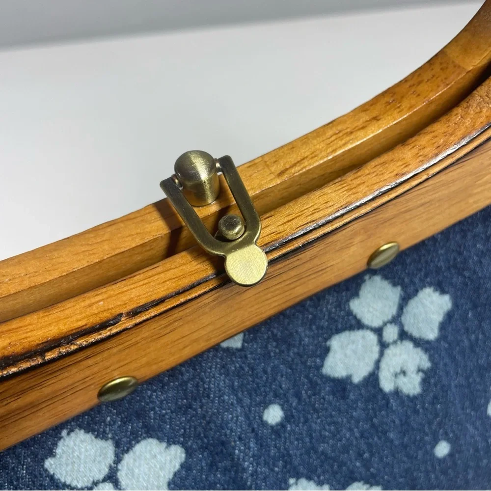 Patricia Nash Mirabella Wood Frame Denim Fabric Crossbody Bag Handbag Purse Blue